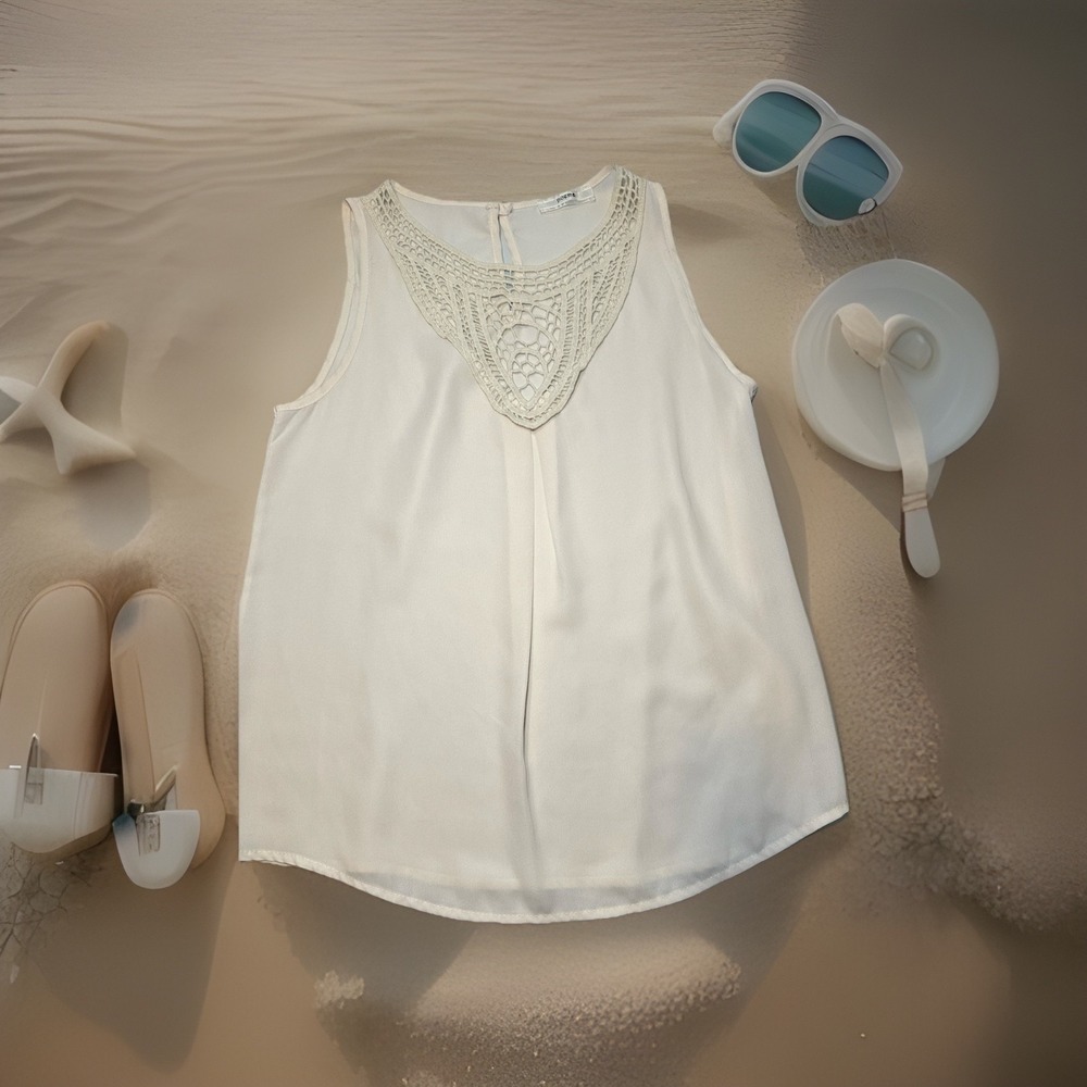 Poema Crochet Lace Tank Top Small Boho Cottagecore Sleeveless Blouse Cream Flowy